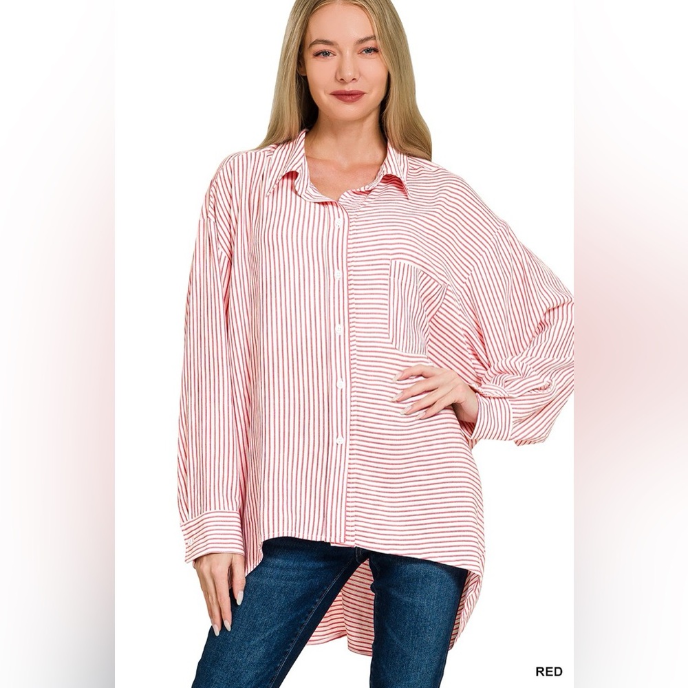Zenana Woven Stripe Button Down Shirt